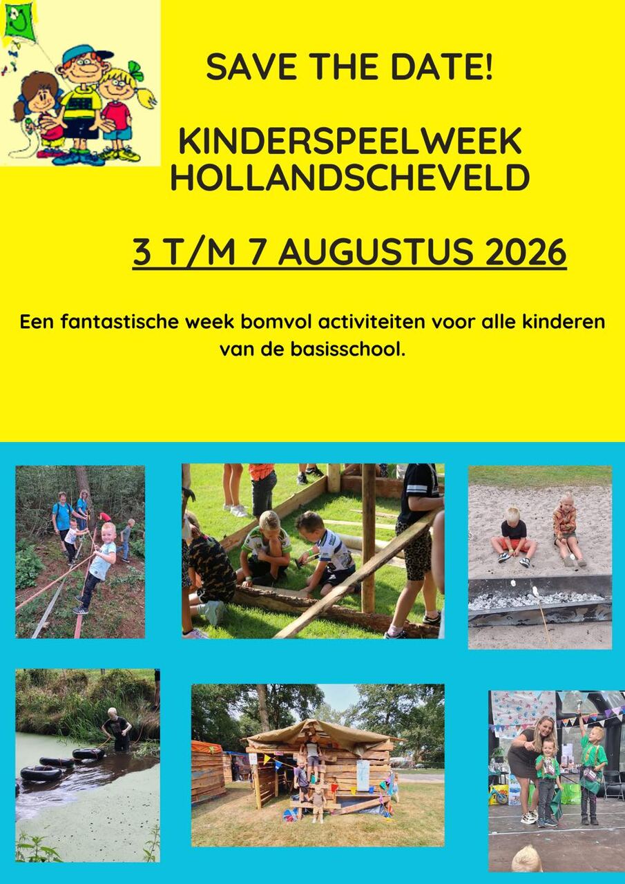 Save the date poster Kinderspeelweek 3 t/m 7 augustus 2026